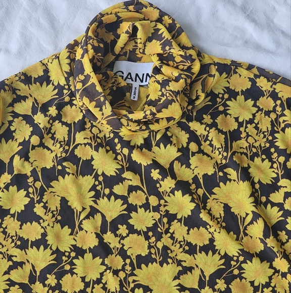 Ganni Floral Mesh Turtleneck Top in Yellow and Black - Women's Size 4 - Picture 7 of 11